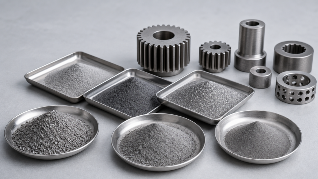Alloyed powder sample trays and sintered powder metallurgy parts